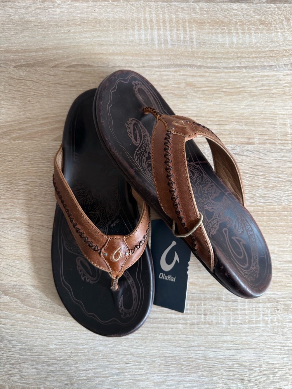 OluKai Mea Ola Leather Beach Sandals tan/Dark Java men’s Sz 10 NWT